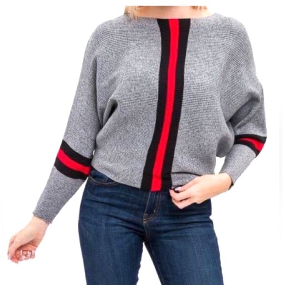 CCC Gray Batwing Crop Top Sweater Red Black Stripes Chic Style Comfortable Versa - Picture 3 of 9